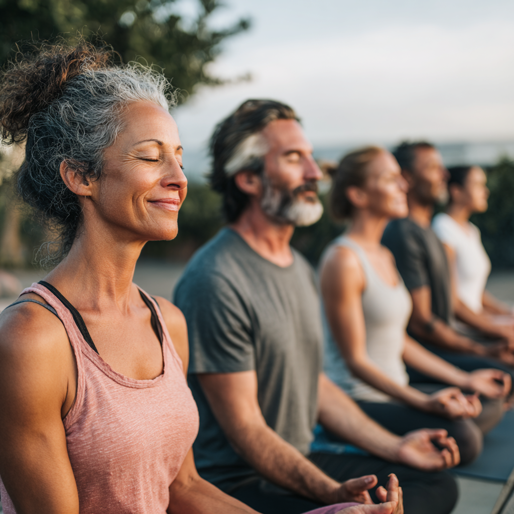 Peaceful meditation scene with a smiling European yoga instructor in a serene studio environment, demonstrating balance and tranquility