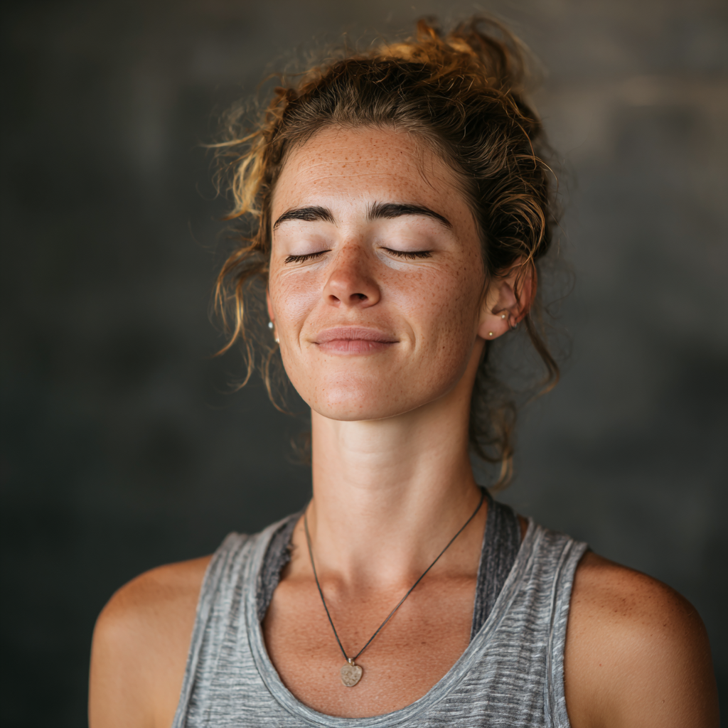 Serene European woman demonstrating breathing techniques in a peaceful yoga setting, focusing on pranayama practice with eyes closed and gentle smile